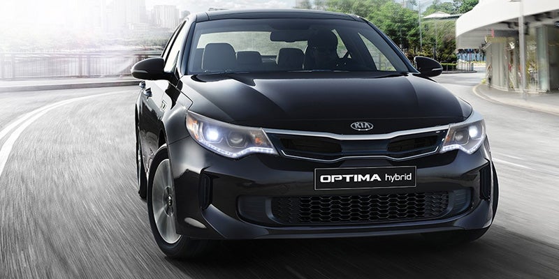 Black Kia Optima Hybrid sedan driving on a city road highlighting hybrid efficiency