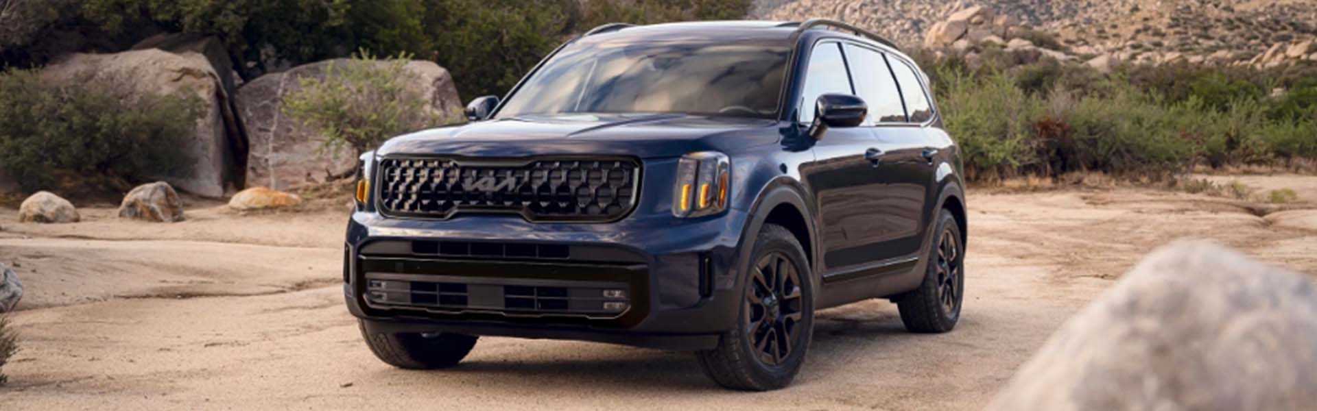 Dark blue Kia Telluride SUV parked on a light-colored dirt road with rocks and green brush in the background.