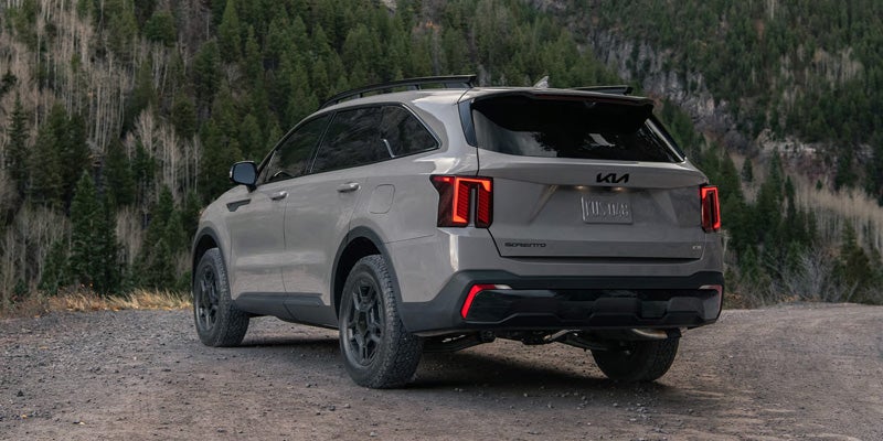 Rear view of a Kia Sorento SUV parked on a dirt road, with a forest of green and white trees in the background.