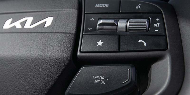 Close-up of a dark grey steering wheel and control panel with the white Kia logo on the left.
